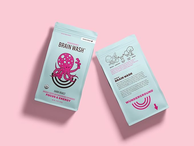 Wunderground's Brain Wash Dark Roast Organic Whole Bean Coffee with Mushroom SuperBoost (12 oz Bag)