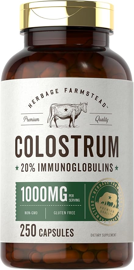 Carlyle Colostrum Capsules | 1000mg | 250 Count | 20% IGG | Non GMO Gluten Free Supplement | by Herbage Farmstead