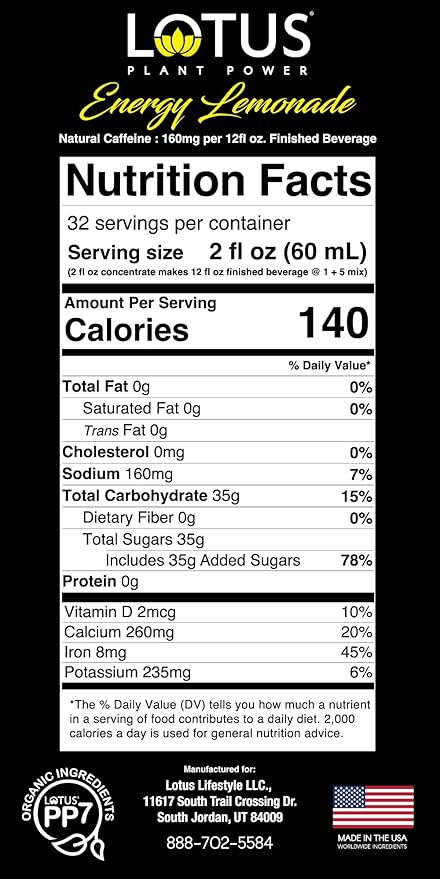Lotus Energy Lemonade | Cane Sugar | 64 fl. oz | 1:5 Energy Concentrate | Natural Caffeine from Green Coffee Bean
