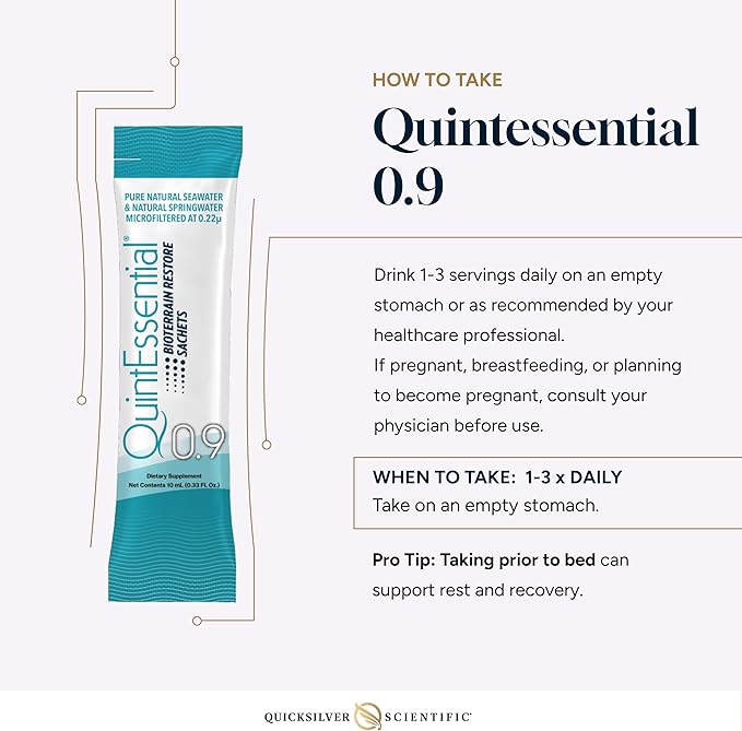 Quicksilver Scientific Quintessential 0.9 Sachets - Isotonic Solution with Sea Water Minerals + Alpine Spring - Liquid Hydration Electrolyte + Multi Minerals Supplement (30 Count)