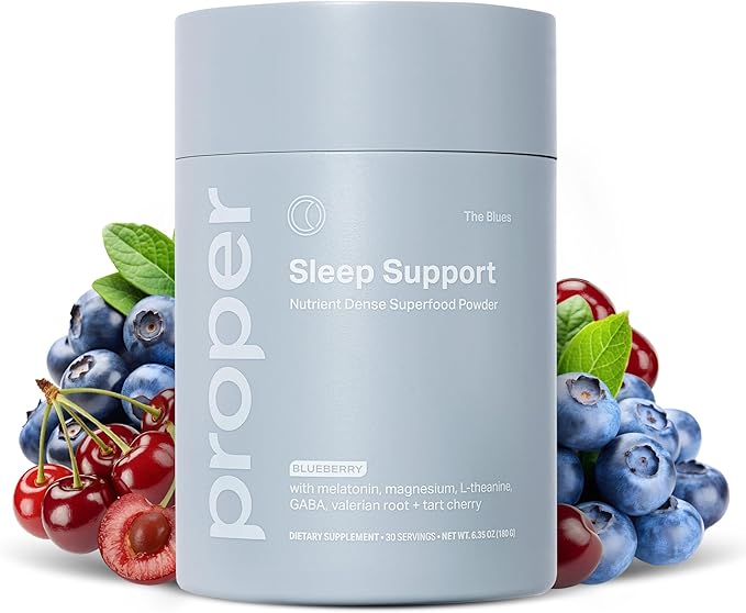 Proper The Blues Sleep Aid – Nutrient-Dense Superfood Powder with + Melatonin Magnesium L-Theanine GABA Valerian Root &amp Tart Cherry – Calm Supplement for Nighttime Relaxation &amp Sleeping