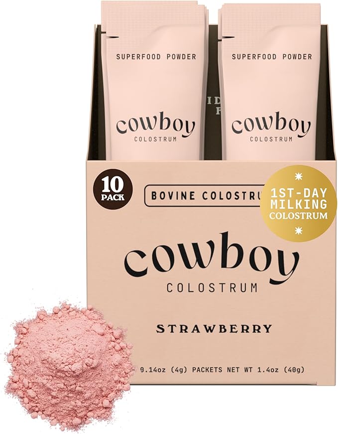 COWBOY - The Exclusive 1st Milking Whole Grass Fed Colostrum Supplement for Full Body Health - Bovine Colostrum Powder Packed w/Bioactive Nutrients (10 Travel Packs - Strawberry)