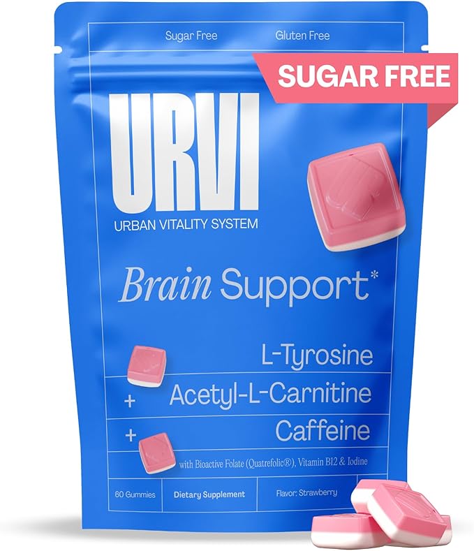 URVI® Brain Gummies – L-Tyrosine Acetyl-L-Carnitine Caffeine L Methyl Folate (Quatrefolic® 5-MTHF) Vitamin B12 &amp Iodine – Boosts Energy &amp Focus – Sugar-Free – Strawberry Flavor – 60 Gummie