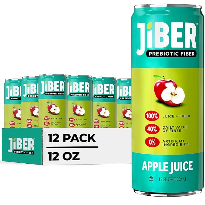 JIBER High Fiber Apple Juice Drink - No Sugar Added - 12 fl oz Apple Juice Cans with 40% Daily Fiber - Prebiotic Drink- Healthy Drinks for Kids - Juice for Teens Adults &amp Seniors (12 Pack)