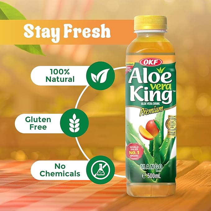 OKF Aloe Vera King Drink with Pure Aloe Pulp Variety Flavors 16.9 oz. (Mango Pack of 20) Korean Premium Health Beverage