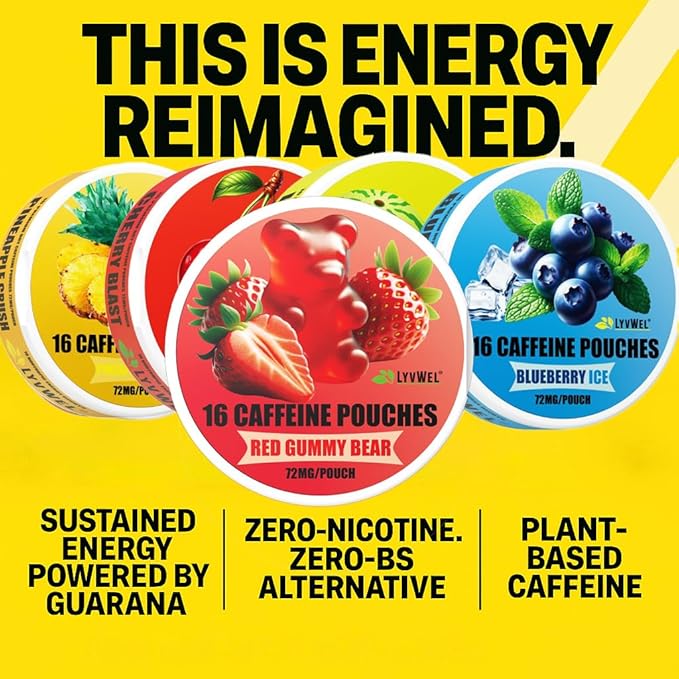 LyvWel 72mg Caffeine Energy Pouches – Spearmint – Refreshing Mint Energy with Guarana – 5-Pack (80 Total Pouches)