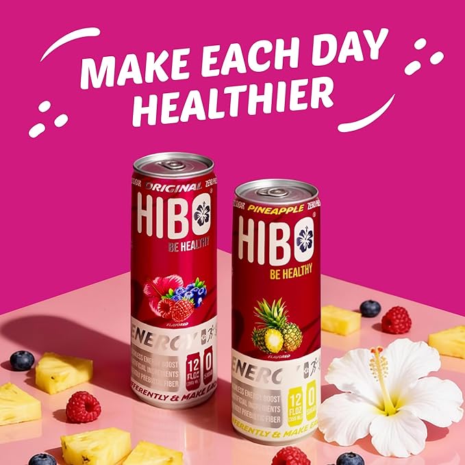 HIBO Healthy Energy Drink Sugar Free – Gluten-Free &amp Gut-Friendly Prebiotic Fiber with 140mg Caffeine &amp 60mg Green Coffee Extract Electrolytes – Supports Immunity &amp Focus - Pack of 12 Pa