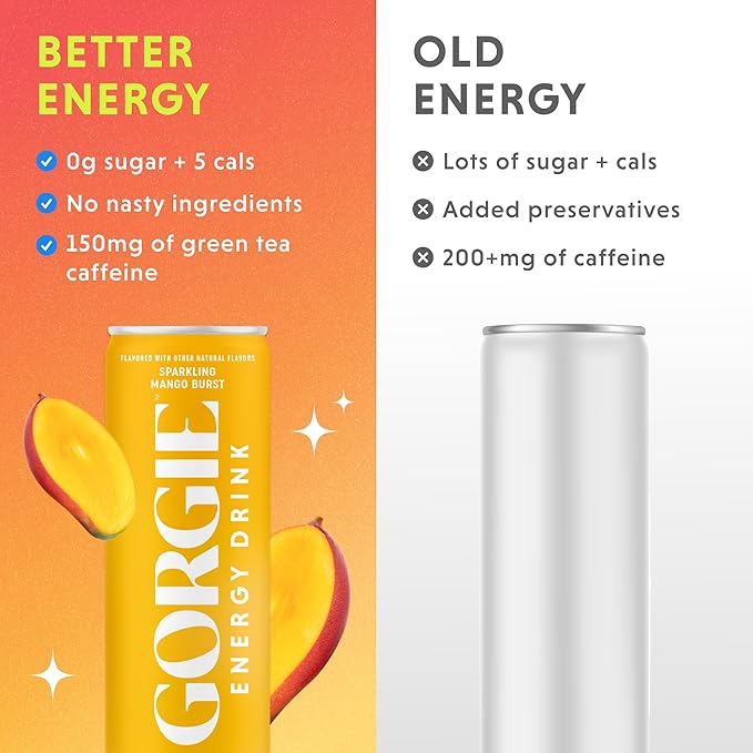 GORGIE Sugar Free Natural Energy Drinks Sparkling Mango Tango (12 Pack) - Healthy Energy Drinks - Natural Coffee Replacement with Green Tea Caffeine and Biotin - 150mg Caffeine Vegan &amp Low Calo
