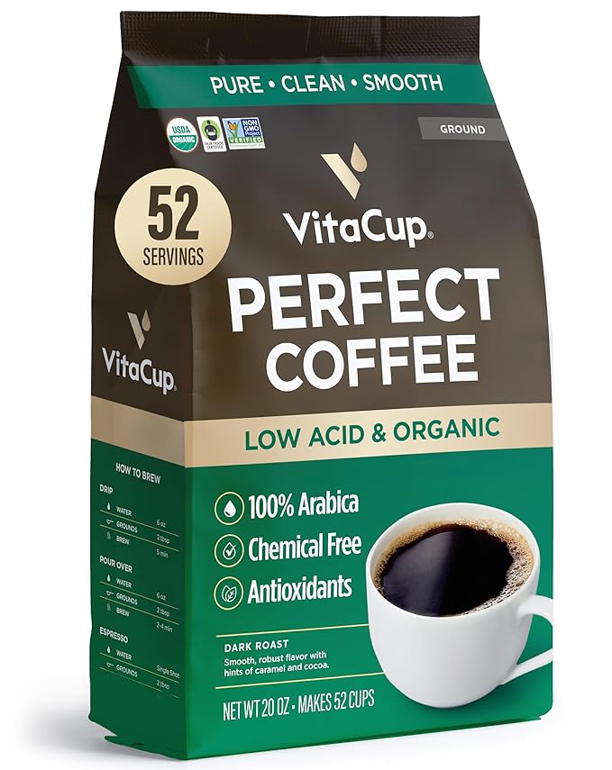 VitaCup Perfect Low Acid Coffee Ground USDA Organic &amp Fair Trade Mycotoxin Free Dark Roast Guatemala Single Origin Clean &amp Pure 20 ounces 52 Servings