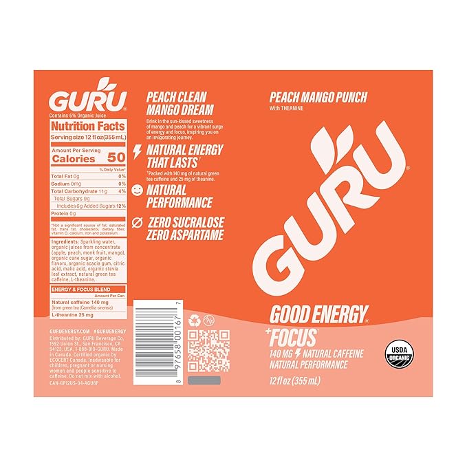 GURU Peach Mango Punch Organic Energy Drinks Clean Energy Drink with Plant Based Natural Caffeine from Green Tea + Focus with L Theanine Gluten Free and Vegan 140MG Caffeine 12oz (Pack of 12)