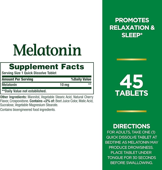 Nature's Bounty Melatonin 100% Drug Free Sleep Aid Dietary Supplement Promotes Relaxation and Sleep Health 10mg 45 Quick Dissolve Tablets (Pack of 3)