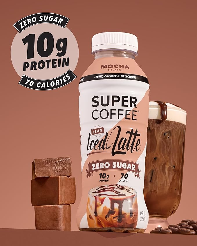 SUPER COFFEE Keto Protein Coffee (0g Added Sugar 10g Protein 70 Calories) [Mocha] 12 Fl Oz 12 Pack | Iced Smart Coffee Drinks