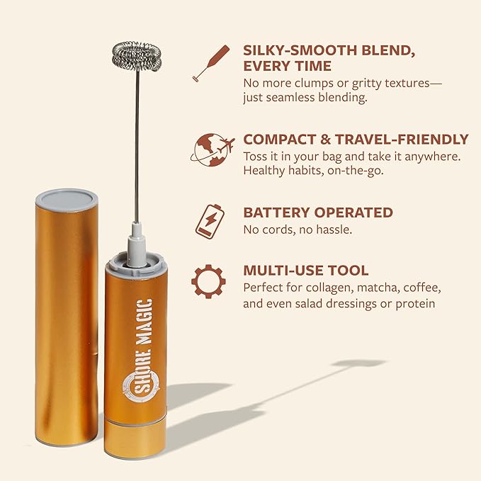 Shore Magic Marine Collagen Powder 14 Servings + Stainless Steel Handheld Milk Frother Bundle