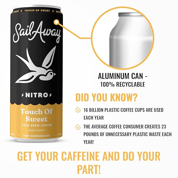 Sail Away Coffee Co. Sail Away Coffee Nitro Cold Brew Coffee Cans - Less Acidic Coffee Beverages | Draft Nitrogen Pour 220mg Caffeine Gluten Free Organic Keto Touch of Sweet 6 Pack