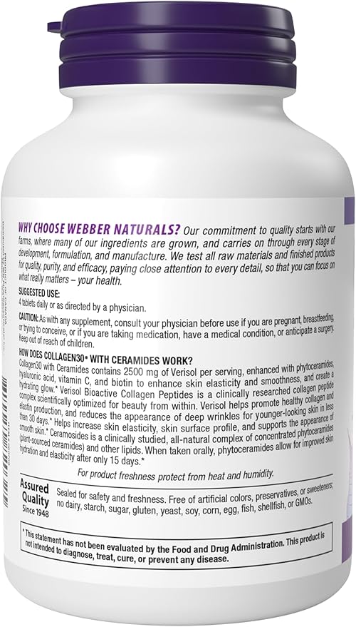 Webber Naturals Collagen30 with Ceramides Bioactive Collagen Peptides 120 Tablets Hydrating Glow Helps Improve Skin Hydration Elasticity &amp Smoothness Non GMO Dairy &amp Gluten Free