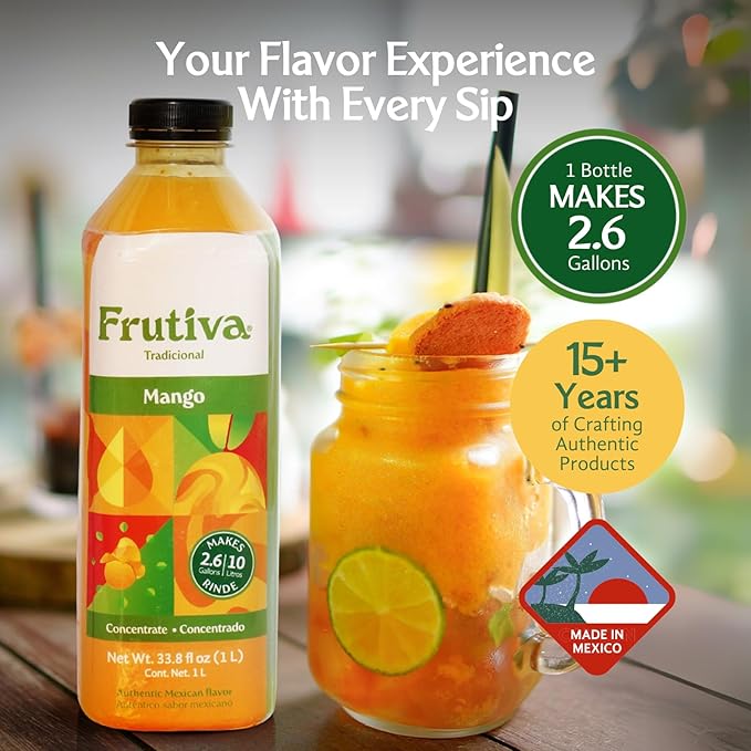 Frutiva Authentic Mango Drink Mix | Made in Mexico with Cane Sugar | Aguas Frescas Concentrate Makes 2.6 Gallons Per Bottle | No High Fructose Corn Syrup | Perfect for Drinks Desserts &amp More | 12