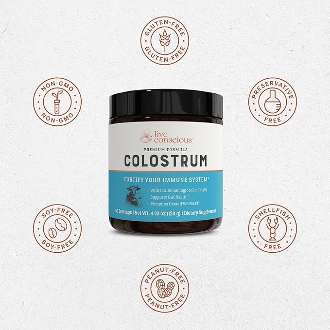 Live Conscious Colostrum Powder - Grass Fed Bovine Colostrum Supplement with Lactoferrin for Iron Absorption - Immune System Supplement (2-Pack)