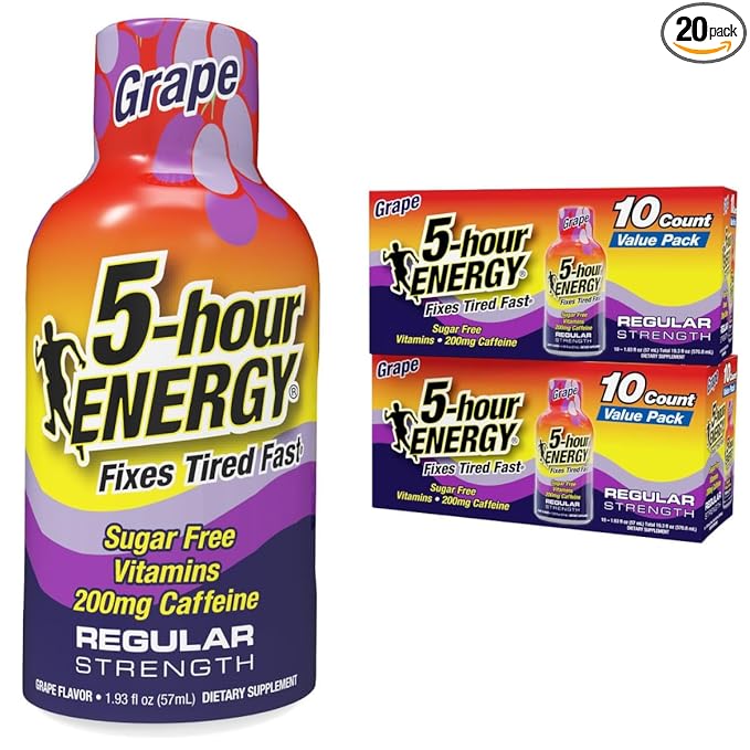 5-hour ENERGY Regular Strength Energy Shot 1.93oz 20-Pack – Sugar Free Caffeine Energy Booster with B-Vitamins &amp Amino Acids – Zero Calorie (20 Bottles – Single Flavor Grape Regular Strength)