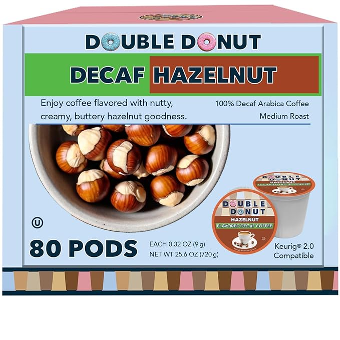 Double Donut Coffee Flavored Decaf Coffee Decaf Hazelnut Coffee Decaf Coffee Pods for Keurig K Cups Machines Medium Roast 80 Count (Pack of 1)