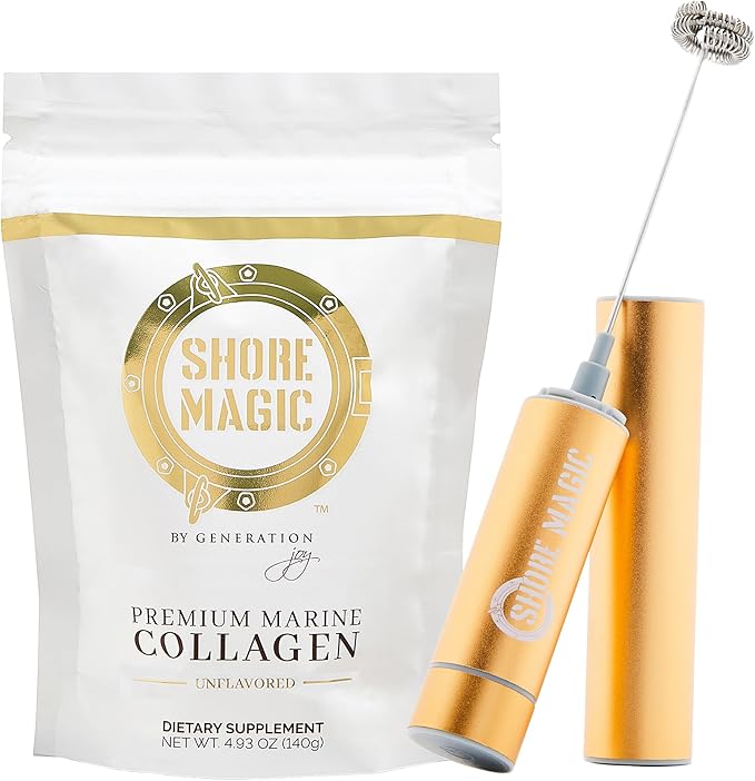 Shore Magic Marine Collagen Powder 14 Servings + Stainless Steel Handheld Milk Frother Bundle