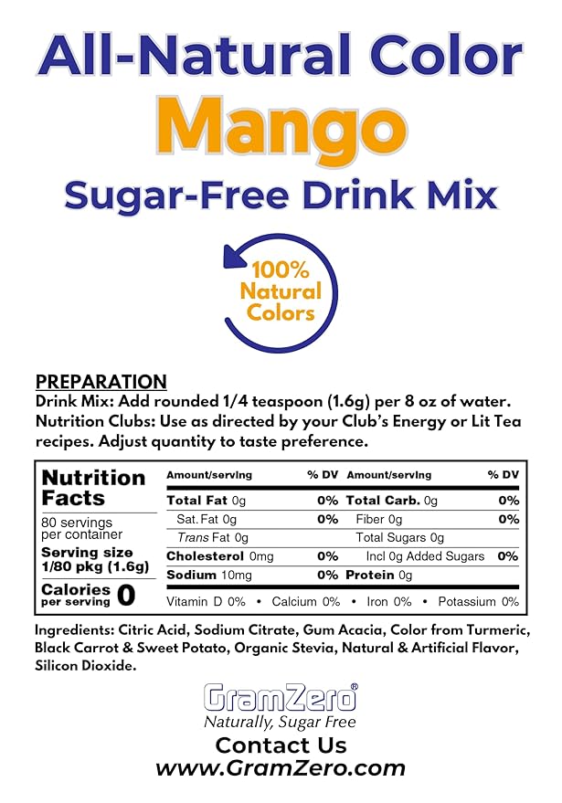 GramZero Mango Zero Calorie Sugar Free Drink Mix Great For Nutrition Club Loaded Tea Stevia Sweetened