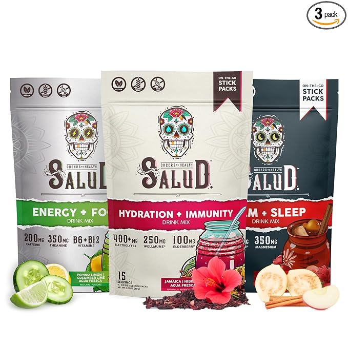 Salud Variety 3-Pack | 2-in-1 Calm + Sleep (Punch) Hydration + Immunity (Hibiscus) &amp Energy + Focus (Cucumber Lime) - 15 Servings Each Drink Mix Non-GMO Gluten Free Low Calorie 1g of Sugar