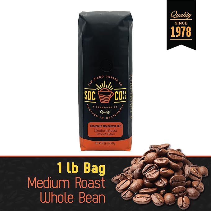 San Diego Coffee Chocolate Macadamia Nut Medium Roast Whole Bean Coffee 16-Ounce Bag Café en grano tostado