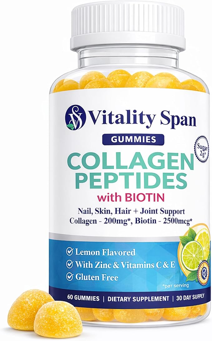 Collagen Gummies for Women with Biotin 2500mcg Vitamin C E &amp Zinc – Hair Skin and Nails Gummies – Low Sugar Lemon Flavor – Beauty Supplement – 60 Gummies