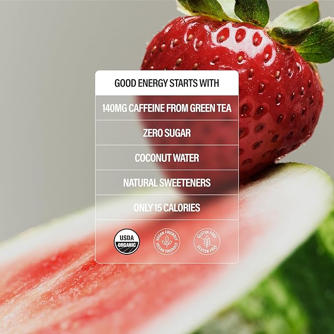GURU ZERO SUGAR Wild Strawberry Watermelon Organic Energy Drinks Clean Energy Drink with Plant Based Natural Caffeine from Green Tea Coconut Water Prebiotic Zero Added sugars Gluten Free and Vega