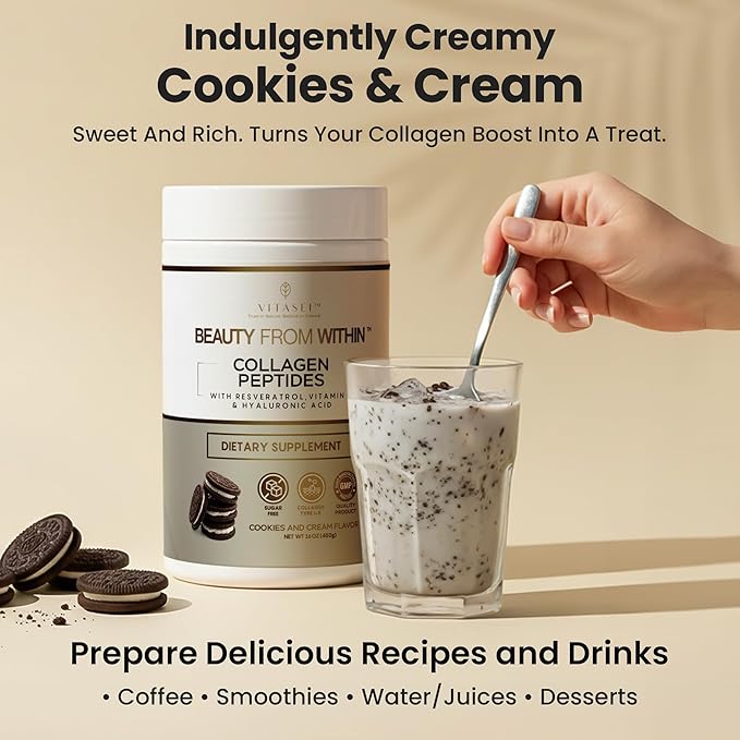 VITASEI Hydrolyzed Collagen Peptides Powder with Resveratrol &amp Vitamin C – Hair Skin &amp Joint Support – Colágeno Hidrolizado for Women &amp Men – Delicious Cookies &amp Cream Flavor 16 oz (