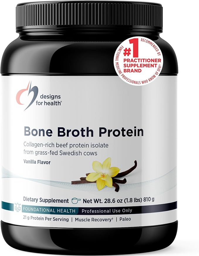 Designs for Health Bone Broth Protein Powder – 21g Grass-Fed Collagen-Rich Beef Protein Isolate – Vanilla Paleo Non-GMO Dairy-Free (30 Servings / 810g)