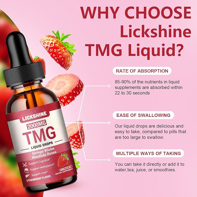 2 Packs 2000MG TMG Suupplements Liquid Drops - Trimethylglycine Ginkgo Biloba Rhodiola Rosea &amp Vitamins B High Absorption Brain Function - Strawberry Flavor 4 Fl.Oz