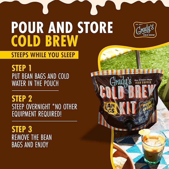 GRADY’S COLD BREW New Orleans Style 100% Arabica Ground Coffee &amp Chicory Pouches 2 All-in-One Cold Brew Kits each with 12 Easy-to-Brew Beans Bags Makes 72 drinks