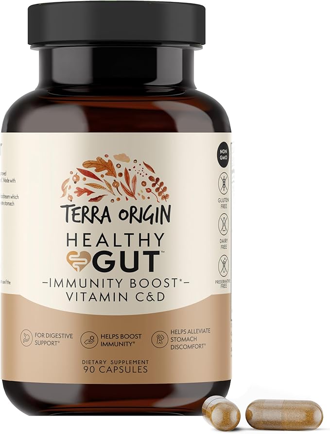 TERRA ORIGIN Healthy Gut Capsules with Immunity Boost | 90 Capsules | Non GMO Gluten Free Dairy Free | Digestive Support for Men and Women