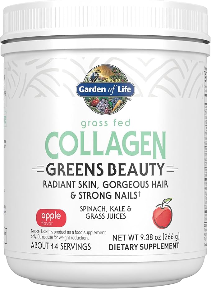 Garden of Life Grass Fed Collagen Greens Beauty Powder - Apple 14 Servings Powder for Women Skin Hair Nails Joints Collagen Peptides Powder + Protein + Greens Supplement