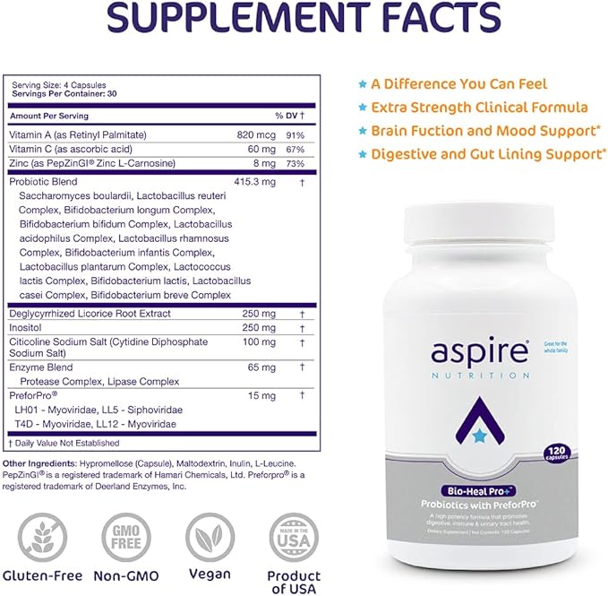 Aspire Nutrition Bio-Heal Pro+ 6-in-1 Probiotic Capsules Supplement – Daily Probiotic Formula for Women Men and Kids - 30 Day Supply