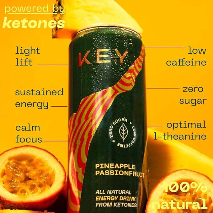 KEY Ketone Drink - Ketones for Energy &amp Focus Sugar Free &amp Low Caffeine from Green Tea with L-Theanine No Crash or Jitters All Natural Lightly Carbonated Pineapple Passionfruit (Pack of 1