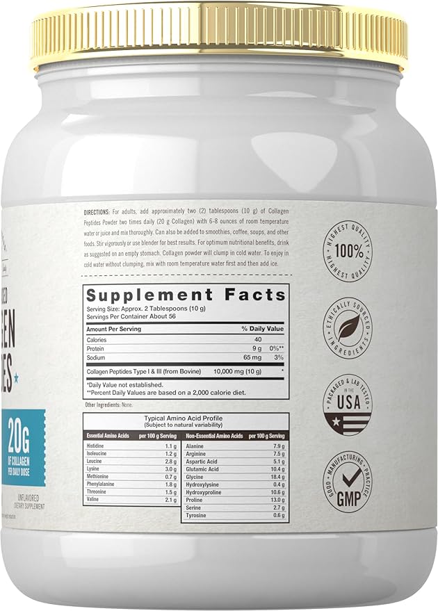 Carlyle Grass Fed Collagen Peptides Powder 20oz | Unflavored | Pasture Raised | Types I &amp III | 20g of Collagen Per Daily Dose | Non-GMO Gluten Free | by Herbage Farmstead