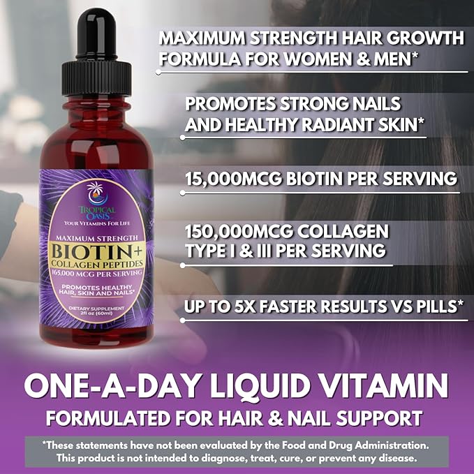 Maximum Strength 165000mcg Liquid Biotin &amp Collagen Drops – Vitamins for Hair Growth for Women &amp Men – Supports Healthy Hair Radiant Skin &amp Strong Nails – 98% Absorption Non-GMO 60 Ser