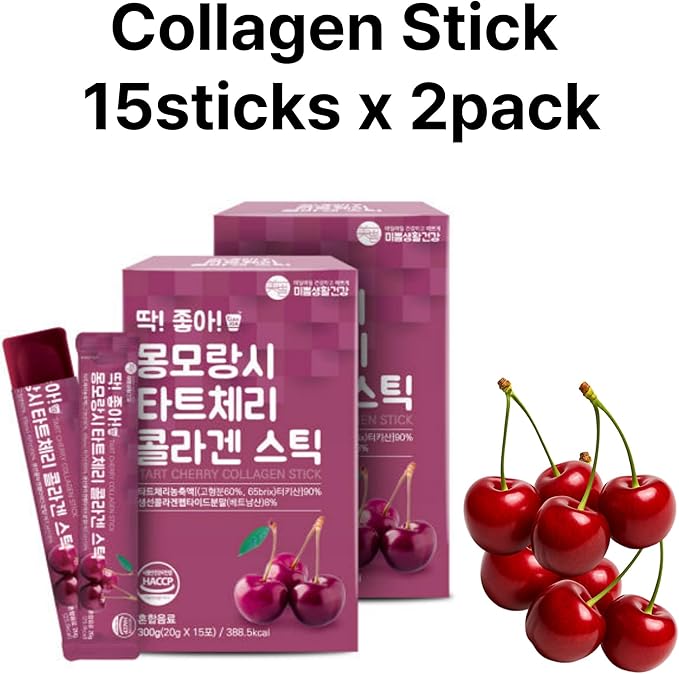 Mi-ppeum Cham&ampDeul Tart Cherry Collagen Jelly Stick 2Pack - 15 Sticks Per Pack - 1600mg Fish Collagen for Skin Elasticity &amp Hydration Tart Cherry Concentrate - Korean Collagen Jelly Stick - 콜