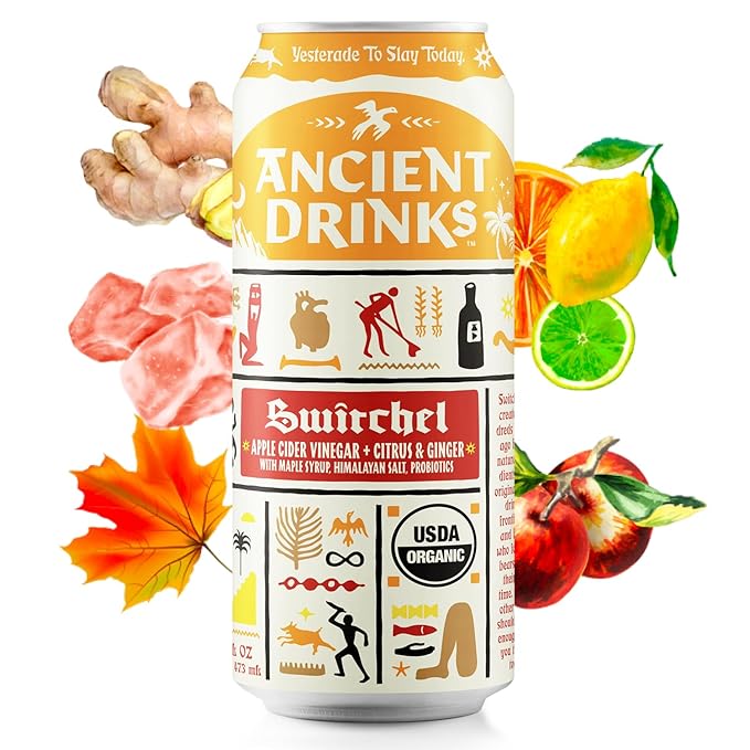 ANCIENT DRINKS Switchel Apple Cider Vinegar Drink – Organic Electrolyte Hydration Beverage with Probiotics – Ginger Citrus ACV Sports Drink – 16 oz Cans 12 Pack