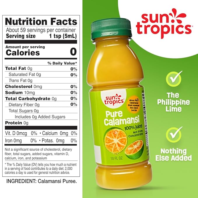 Sun Tropics Pure Calamansi 100% Juice - 4 Pack 10 Oz Each | 100% Pure Not From Concentrate | Refreshing Citrus Juice for Drinks Cocktails Cooking &amp More | No Sugar No Preservatives