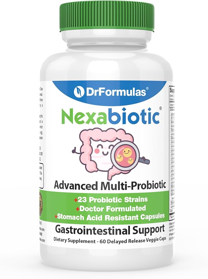 DrFormulas' Best Probiotics for Women &amp Men | Nexabiotic Multi Probiotic with Saccharomyces Boulardii Lactobacillus Acidophilus B. infantis Prebiotic 60 Count Capsules (Not Pearls)