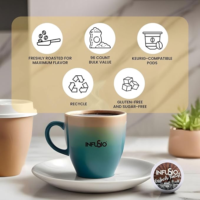 96 Count - French Roast Single serve Coffee pods for Keurig K Cup® Brewers - InfuSio Premium Roasted Coffee (French Roast 96 count Compatible with 2.0)……