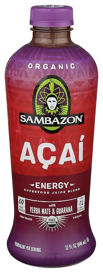 Sambazon Organic Energy Superfood Juice Blend Açaí Berry Yerba Mate and Guarana Juice 32 Ounce