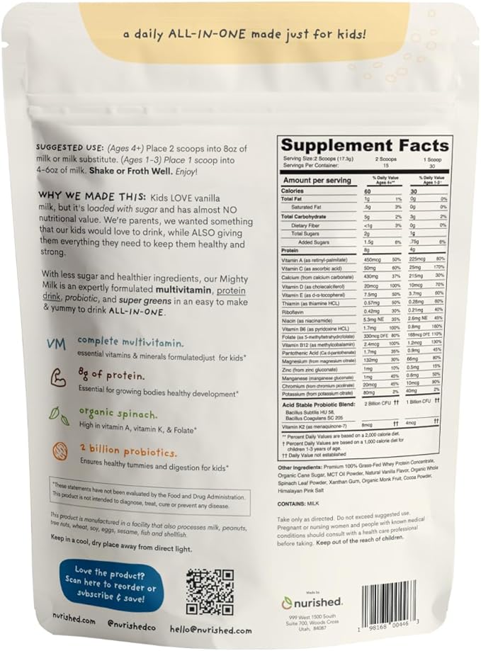 Vanilla Mighty Milk - Kids All-in-One Daily Protein Powder &amp Multivitamin Boosted with 2 Billion Probiotics &amp Organic Spinach - Natural Flavors Colors &amp Sweeteners - 15-30 Servings