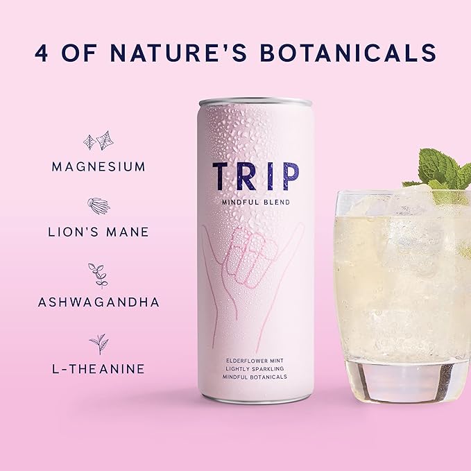 TRIP Lightly Sparkling Adaptogen Drink Non Alcoholic Drink with Magnesium Ashwagandha Lions Mane &amp L Theanine No Added Sugar Mocktail Vegan Elderflower Mint 12 Oz 12Pk