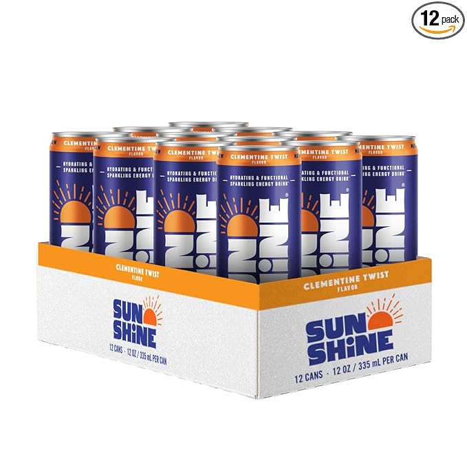 Sunshine Sparkling Energy Drink Clementine Twist with Daily Essential Vitamins 360mg of Electrolytes 70mg of Natural Caffeine 12 Fl Oz (Pack of 12)