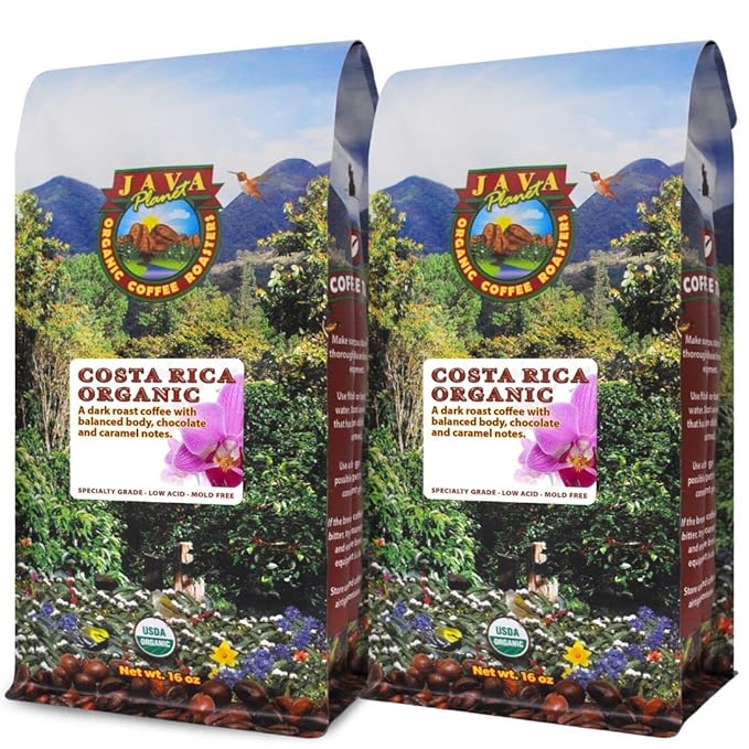 Low Acid Organic Coffee – Whole Bean Mold-Free &amp Stomach Friendly by Java Planet Costa Rican Single Origin Coffee Dark Roast Smooth Full Flavored 2x1LB Bag