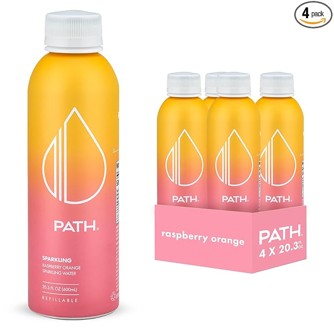 PATHWATER Raspberry Orange Flavored Sparkling Water - Ultra-Purified pH-Balanced Carbonated Soda Water in Aluminum Bottle - BPA-Free Light Reusable Infinitely Recyclable 20.3 fl oz (Pack of 4)